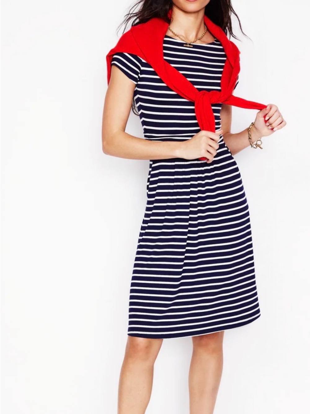 Boden Amelie Navy & Ivory Striped Short Sleeve Jersey Midi Dress